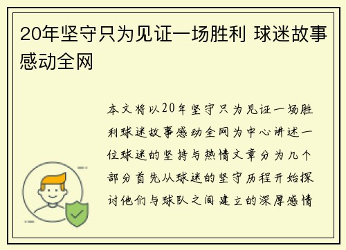 20年坚守只为见证一场胜利 球迷故事感动全网
